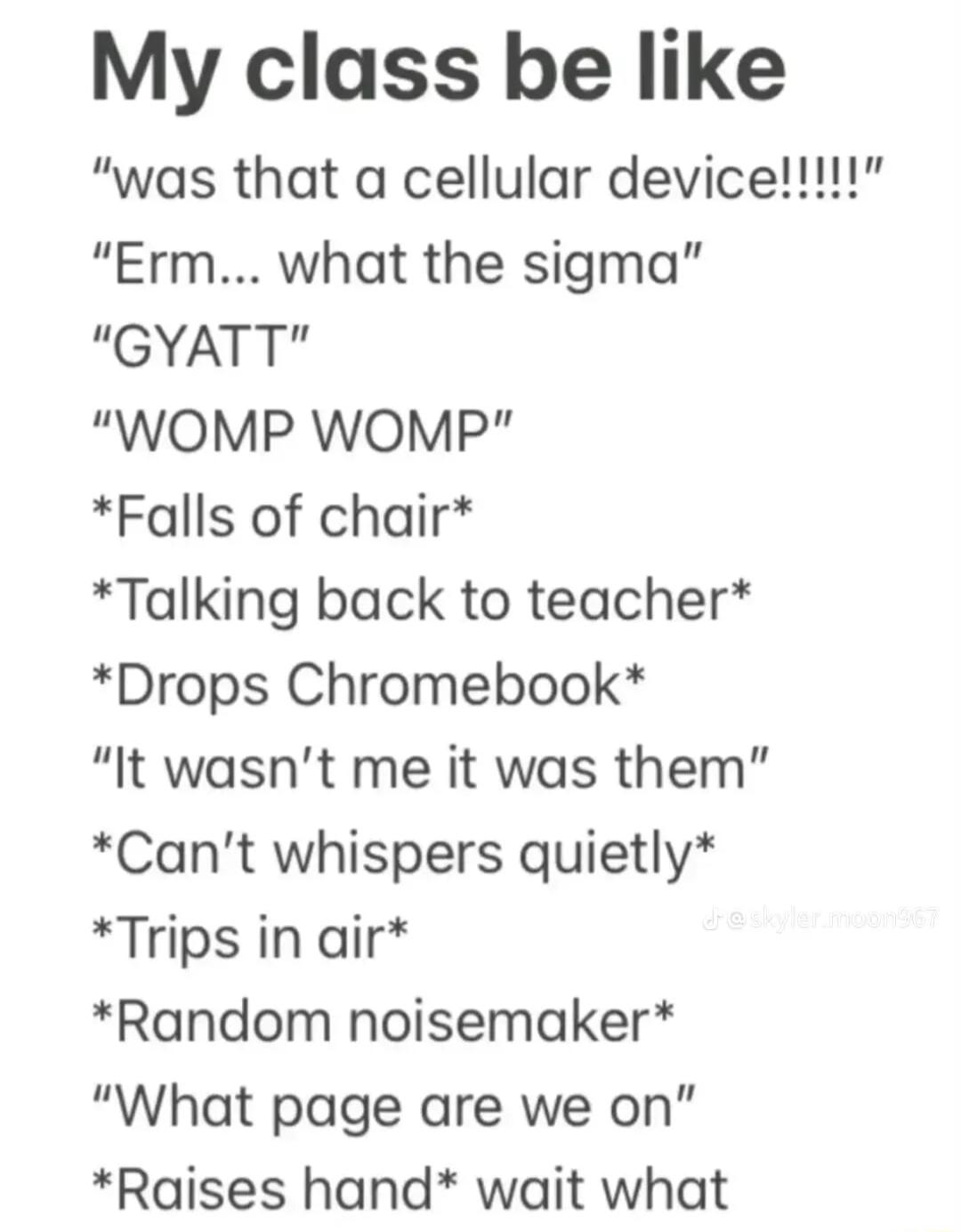 My class be like Erm what the sigma GYATT WOMP WOMP Falls of chair Talking back to teacher Drops Chromebook It wasnt me it was them Cant whispers quietly Trips in air Random noisemaker What page are we on Raises hand wait what