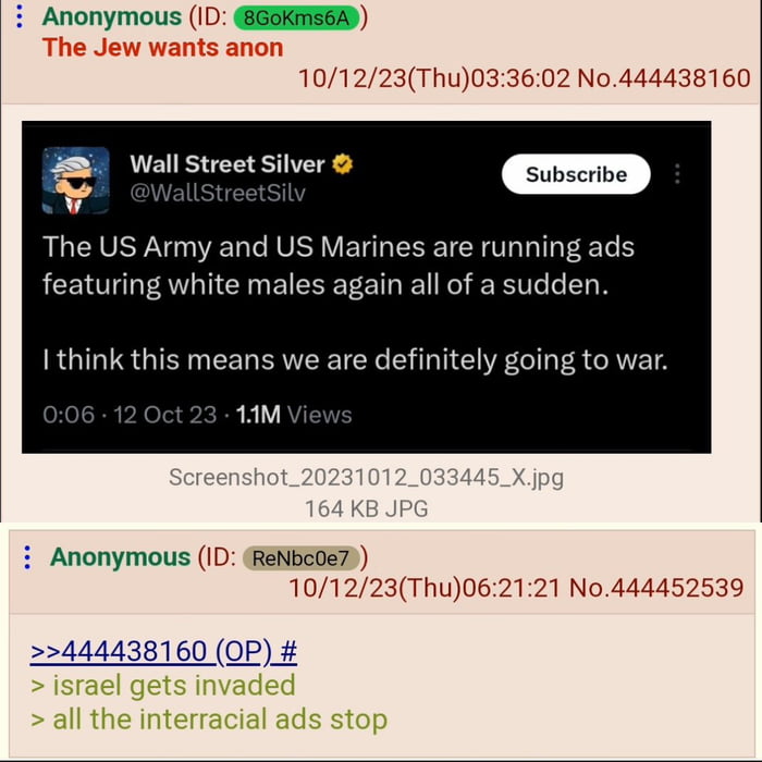 Anonymous ID EESKREEE The Jew wants anon 101223Thu033602 No444438160 g Wall Street Silver The US Army and US Marines are running ads featuring white males again all of a sudden I think this means we are definitely going to war 1M Anonymous ID RENBE0EZ 101223Thu062121 No444452539 22444438160 OP