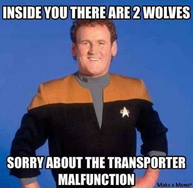 INSIDEYOU THEREARE 2 WOLVES Sl SORRY ABOUT THE TRANSPORTER MALFUNCTION 0 L