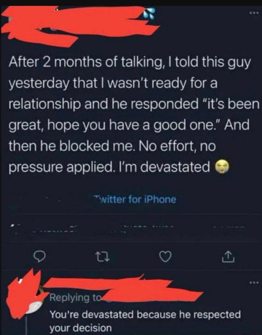 E After 2 months of talking told this guy VES G EVAGERNE R A CETe YA ol GIETTela S aloXTale N a SR N oTelale Yo Ml Y o11Ta eICE Mo oT RVe VR EIVER ReTolole Relg ANy o then he blocked me No effort no pressure applied Im devastated Twitter for iPhone Q V Replym Youre devastated because he respected your decision