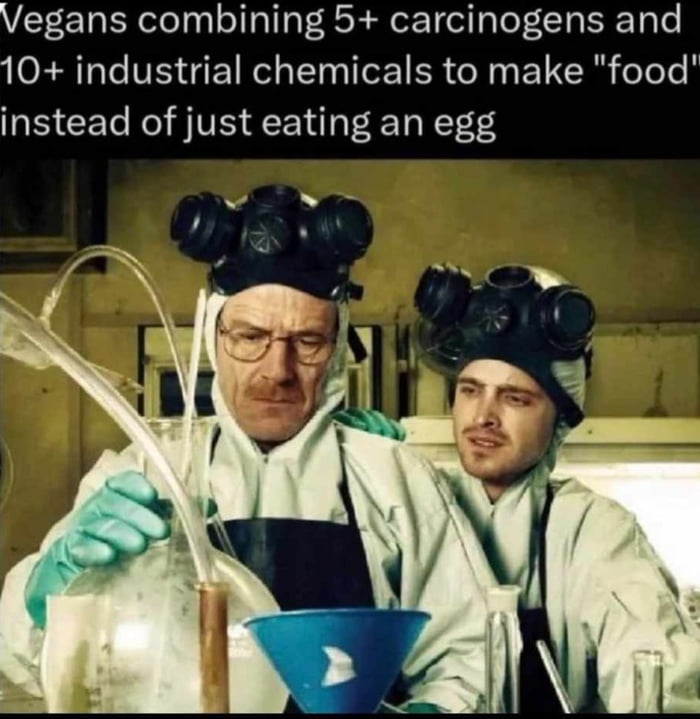 Vegans combining 5 carcinogens and 10 industrial chemicals to make food instead of just eating an egg