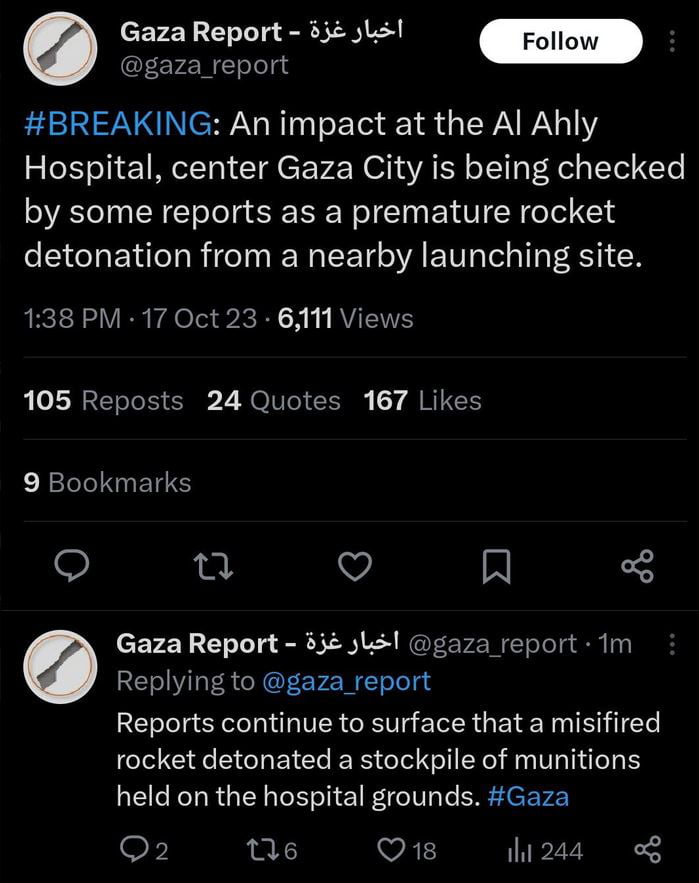 Gaza Report b3z sLs1 gaza_report BREAKING An impact at the Al Ahly Hospital center Gaza City is being checked by some reports as a premature rocket detonation from a nearby launching site 138 PM 17 Oct 23 6111 Views 105 Reposts 24 Quotes 167 Likes 9 Bookmarks Q Q Q N Gaza Report 33 3l gaza report 1m 6 Replying to gaza_report Reports continue to surface that a misifired rocket detonated a stockpile
