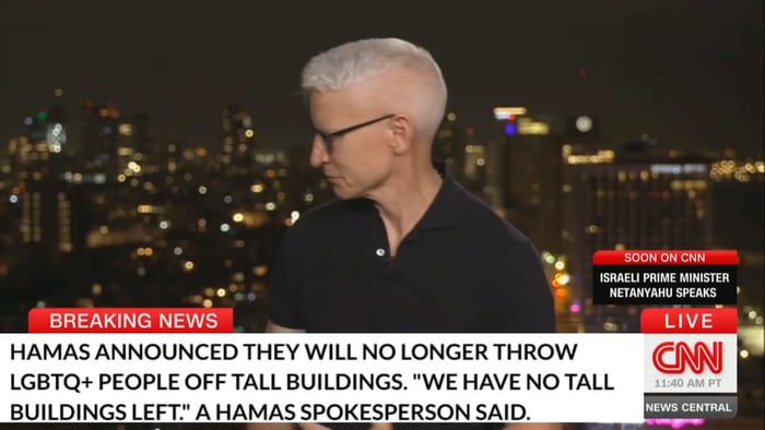 BREAKING NEWS e HAMAS ANNOUNCED THEY WILLNOLONGER THROW I Bl LGBTQ PEOPLE OFF TALL BUILDINGS WE HAVE NO TALL BUILDINGS LEFT A HAMAS SPOKESPERSON SAID