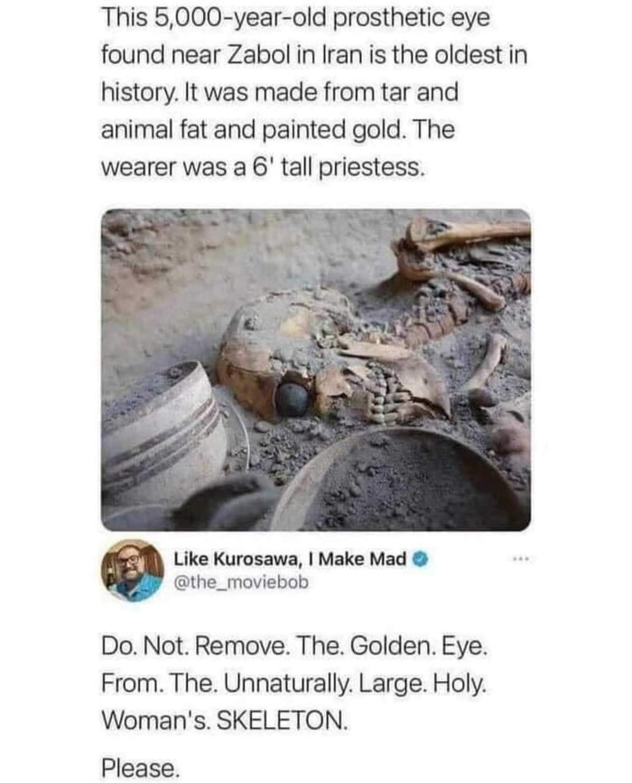 This 5000 year old prosthetic eye found near Zabol in Iran is the oldest in history It was made from tar and animal fat and painted gold The wearer was a 6 tall priestess Like Kurosawa Make Mad the_moviebob Do Not Remove The Golden Eye From The Unnaturally Large Holy Womans SKELETON Please