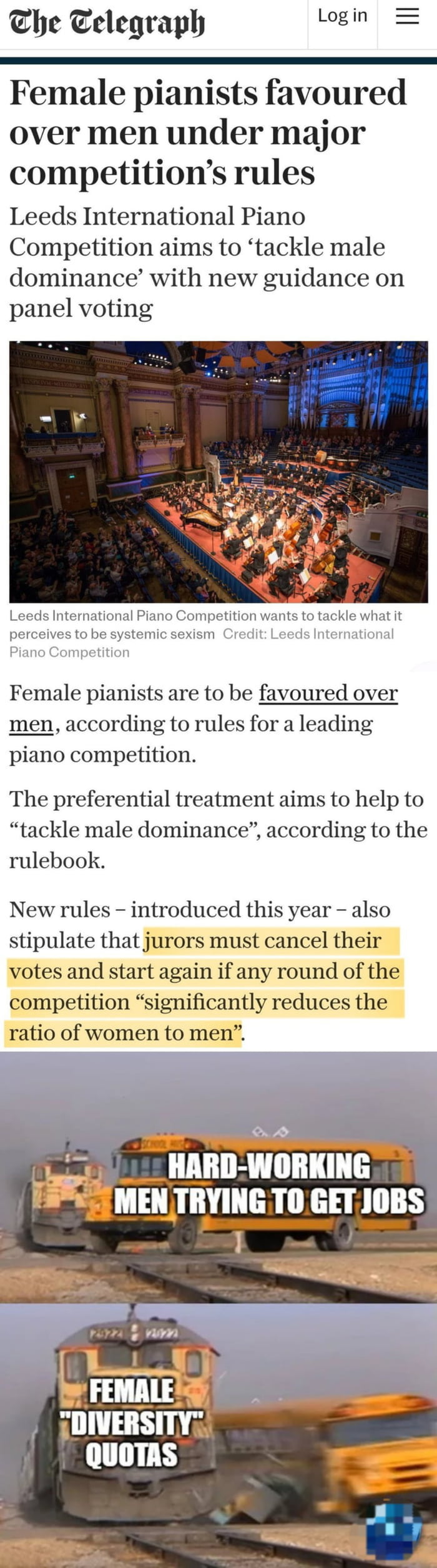 The Telegraph
Female pianists favoured over men under major competition’s rules
Leeds International Piano Competition aims to ‘tackle male dominance’ with new guidance on panel voting
Leeds International Piano Competition wants to tackle what it perceives to be systemic sexism Credit: Leeds International Piano Competition
Female pianists are to be 