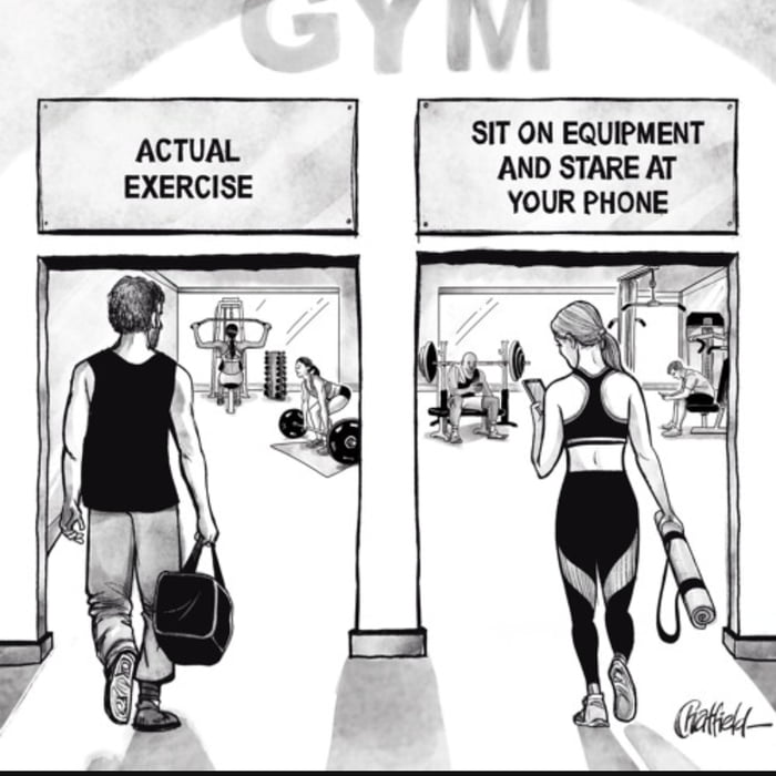 GYM
ACTUAL EXERCISE | SIT ON EQUIPMENT AND STARE AT YOUR PHONE