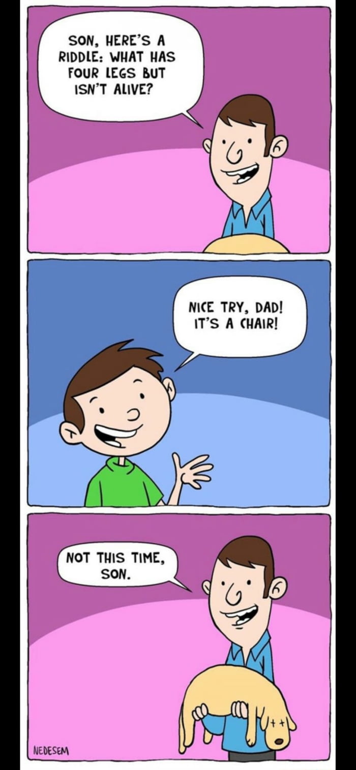 SON, HERE'S A RIDDLE: WHAT HAS FOUR LEGS BUT ISN'T ALIVE? NICE TRY, DAD! IT'S A CHAIR! NOT THIS TIME, SON.