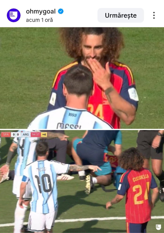 A football match between Spain and Argentina, with the score 0-0 in the 94th minute. Player Marc Cucurella (number 24) is seen blowing a kiss towards Lionel Messi (number 10), who then points at Cucurella.