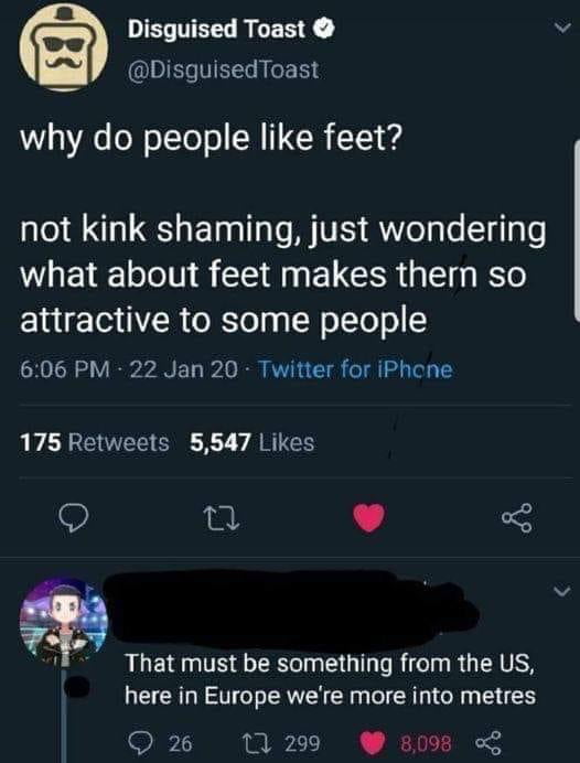 IERTTERL RREEY g DIELIVELL R why do people like feet not kink shaming just wondering what about feet makes thern so attractive to some people 606 PM 22 Jan 20 Twitter for iPhcne 175 Retweets 5547 Likes 9 n L J That must be something from the US here in Europe were more into metres Q2 1129 898