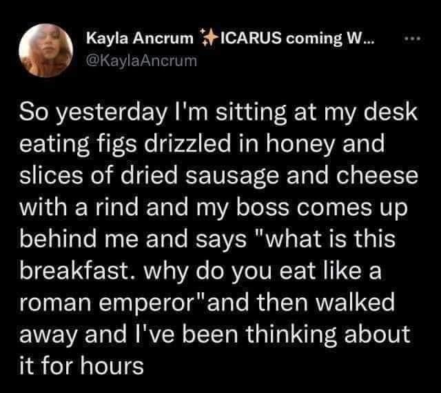 Kayla Ancrum ICARUS coming W KaylaAncrum So yesterday Im sitting at my desk eating figs drizzled in honey and slices of dried sausage and cheese with a rind and my boss comes up behind me and says what is this breakfast why do you eat like a roman emperorand then walked away and Ive been thinking about it for hours 905 PM Sep 25 2019 5740 Retweets 148 Quote Tweets 385K Likes