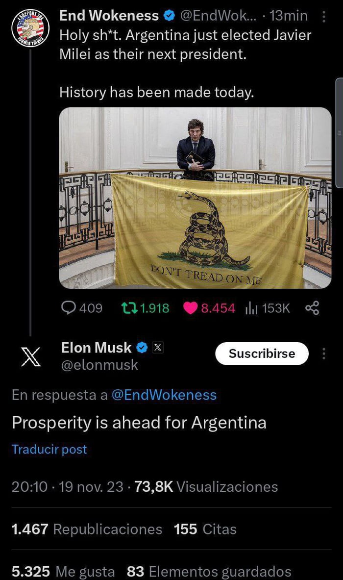 End Wokeness EndWok 13min Holy sht Argentina just elected Javier Milei as their next president History has been made today OFERNE RE IT 0 J X Elon Musk x EICLINIETS En respuesta a EndWokeness Prosperity is ahead for Argentina Traducir post PLRIRR I A RY X1 QUEIE 2T S 1467 Republicaciones 155 Citas 5325 Me gusta 83 Elementos guardados