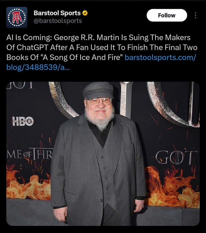 Barstool Sports LY barstoolsports Alls Coming George RR Martin Is Suing The Makers olie Ele g N ET N VEL HIQ SIS R GER S EIR Books Of A Song Of Ice And Fire barstoolsportscom blog348 W
