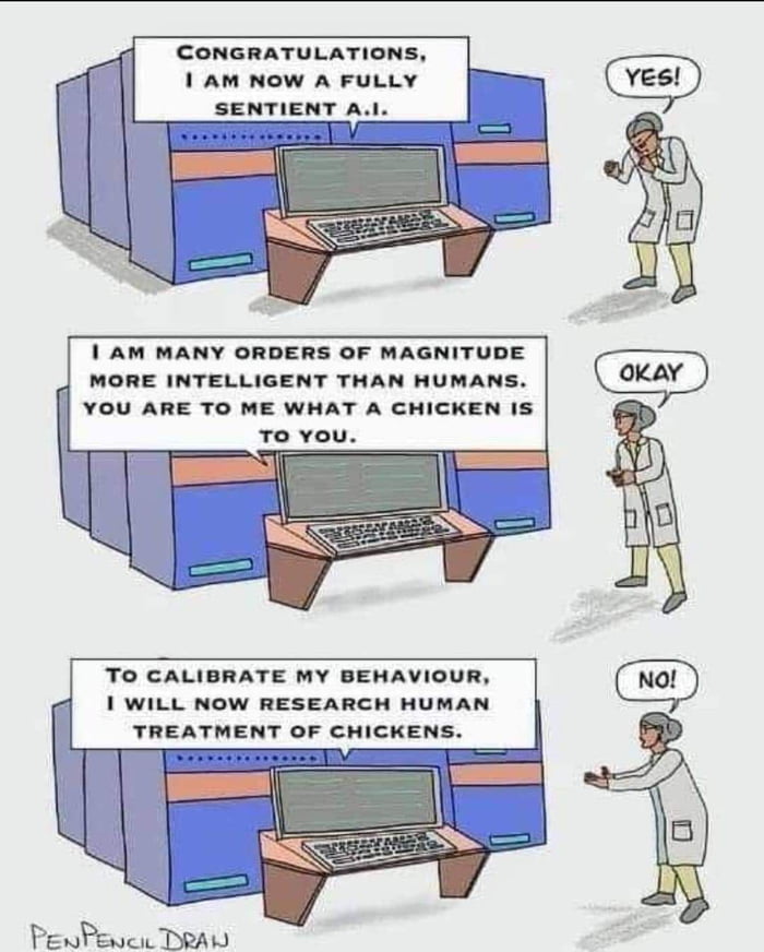 T AM MANY ORDERS OF MAGNITUDE MORE INTELLIGENT THAN HUMANS YOU ARE TO ME WHAT A CHICKEN IS To vou TO CALIBRATE MY BEHAVIOUR 1 WILL NOW RESEARCH HUMAN TREATMENT OF CHICKENS