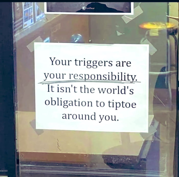 Your triggers are your responsibil isnt the worlds obligation to tiptoe around you
