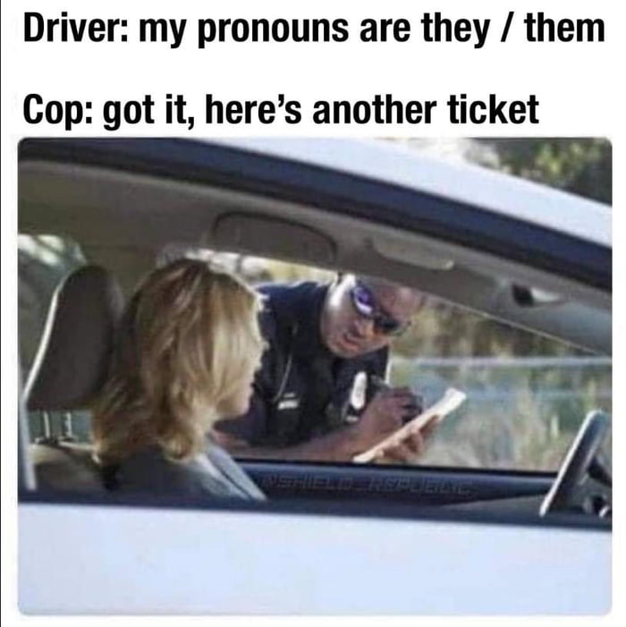 Driver my pronouns are they them Cop got it heres another ticket