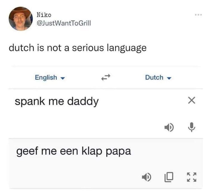 Niko JustWantToGrill dutch is not a serious language English Dutch spank me daddy geef me een klap papa 0 L