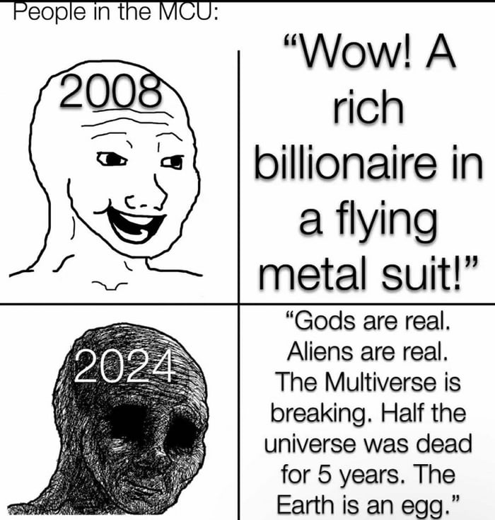 eople In the 3 Wow A rich billionaire in a flying metal suit Gods are real Aliens are real The Multiverse is breaking Half the universe was dead for 5 years The Earth is an egg