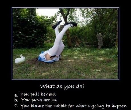 What do you do a You pull her out b You push her in You blame the rabbit for whats going to happen