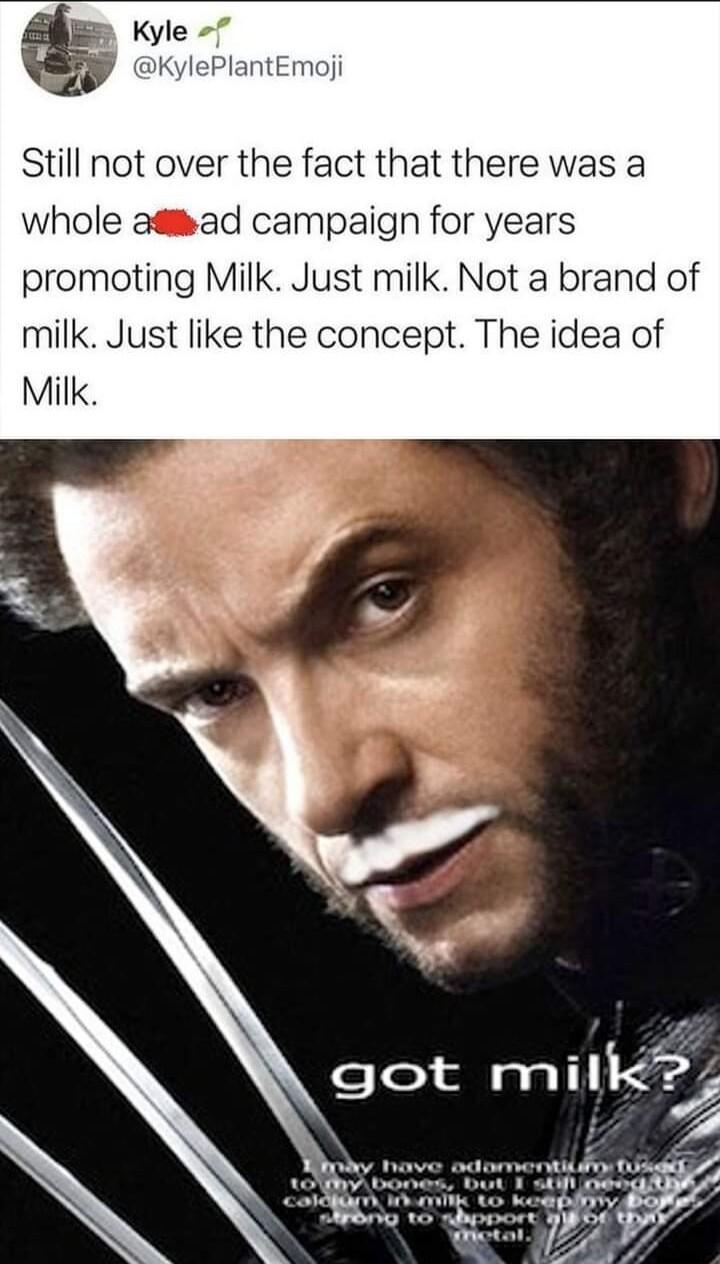 Kyle lePlantEmoji Still not over the fact that there was a whole asad campaign for years promoting Milk Just milk Not a brand of milk Just like the concept The idea of Milk eled mlk7 2
