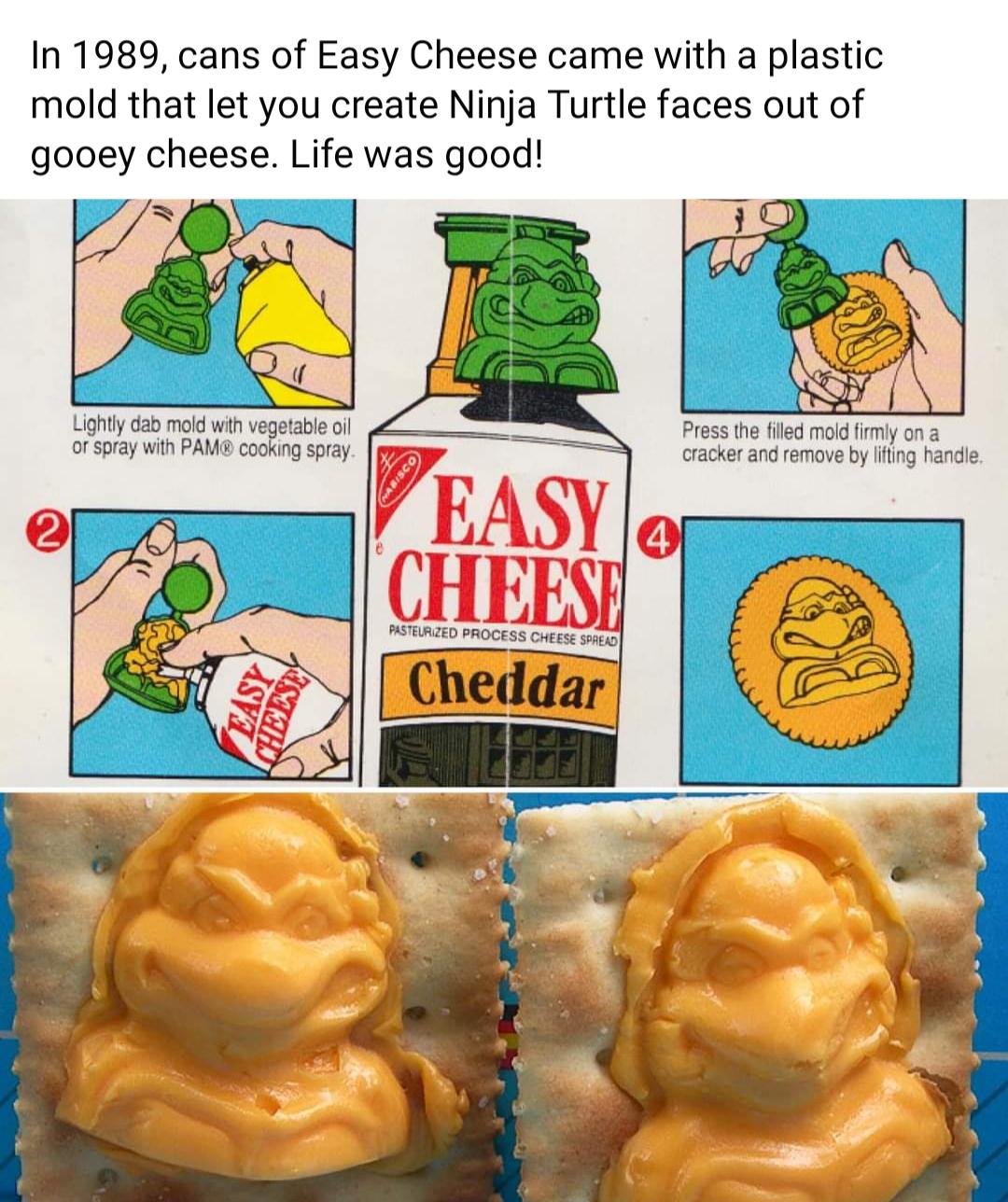In 1989 cans of Easy Cheese came with a plastic mold that let you create Ninja Turtle faces out of gooey cheese Life was good