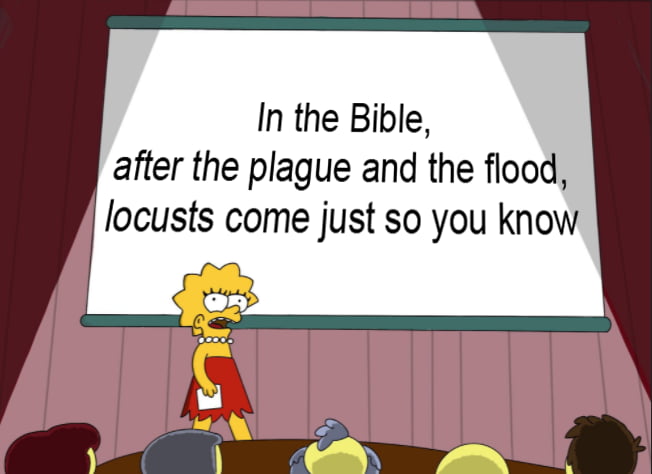 In the Bible after the plague and the flood locusts come just so you know