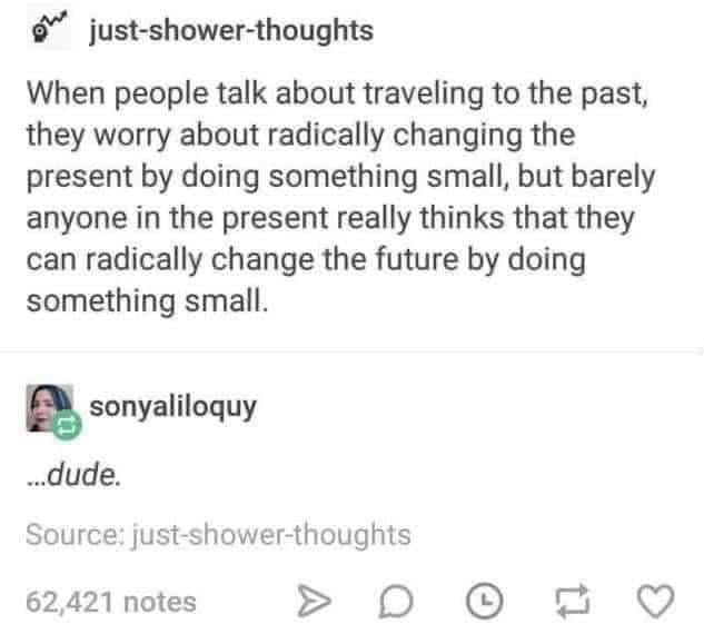 just shower thoughts When people talk about traveling to the past they worry about radically changing the present by doing something small but barely anyone in the present really thinks that they can radically change the future by doing something small sonyaliloquy dude Source just shower thoughts 62421 notes 0 0O g Q