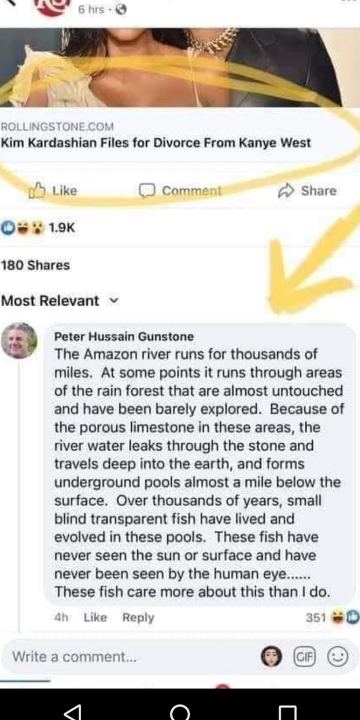 ROLLINGSTONE Kim Kardashian Files for Divorce From Kanye West ke Comment Share O 19K 180 Shares Most Relevant Peter Hussain Gunstone The Amazon river runs for thousands of miles At some points it runs through areas of the rain forest that are almost untouched and have been barely explored Because of the porous limestone in these areas the river water leaks through the stone and travels deep into t