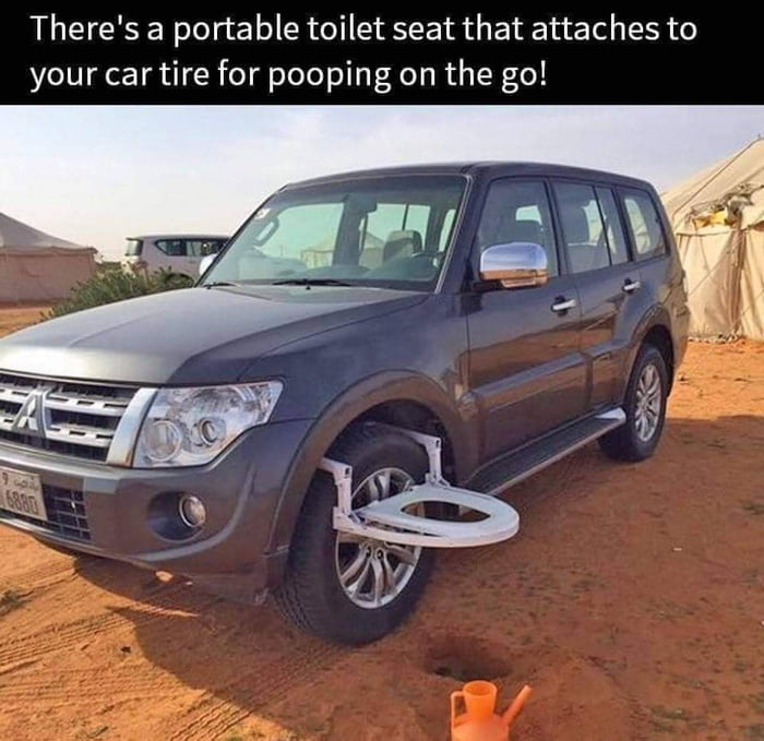 Theres a portable toilet seat that attaches to your car tire for pooping on the go
