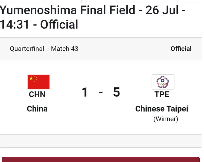 Yumenoshima Final Field 26 Jul 1431 Official Quarterfinal Match 43 Official CHN 1 5 TPE China Chinese Taipei Winner