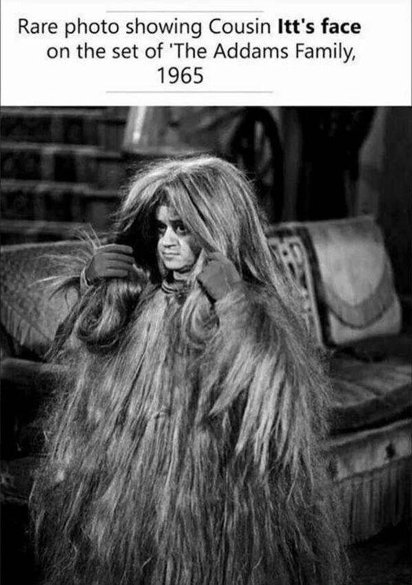 Rare photo showing Cousin Itts face on the set of The Addams Family