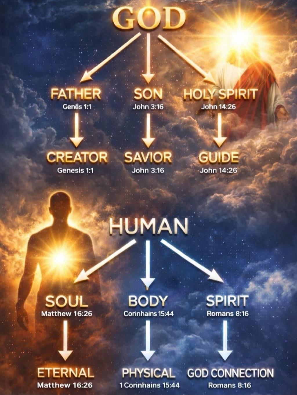 GOD FATHER Genês 1:1 CREATOR Genesis 1:1 SON John 3:16 SAVIOR John 3:16 HOLY SPIRIT John 14:26 GUIDE John 14:26 HUMAN SOUL Matthew 16:26 ETERNAL Matthew 16:26 BODY Corinhains 15:44 PHYSICAL 1 Corinthians 15:44 SPIRIT Romans 8:16 GOD CONNECTION Romans 8:16