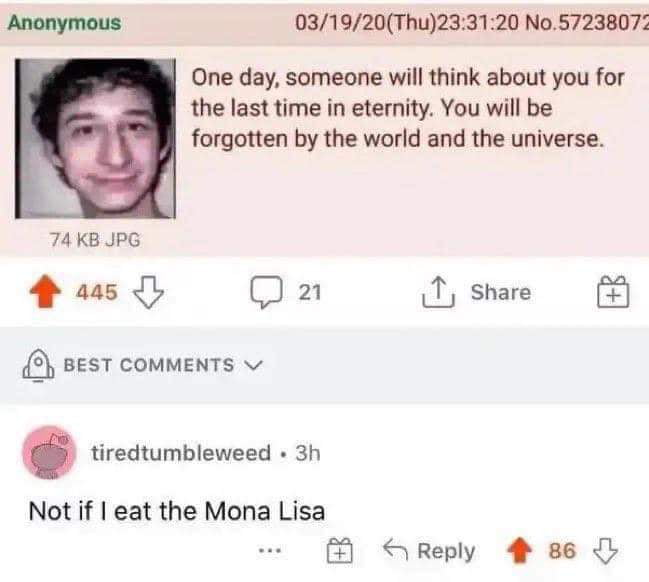 031920Thu233120 No5723807 One day someone will think about you for the last time in eternity You will be forgotten by the world and the universe 74KB JPG a5 QDn I share 3 BEST ComMENTs v tiredtumbleweed 3h Not if eat the Mona Lisa Reply 4 86