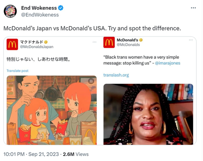 End Wokeness BEndWokeness McDonalds Japan vs McDonalds USA Try and spot the difference kruk il WA bapia Black rans women have averysimple messagestop Klingus imaraones 1001PM Sep 212023 26M Views