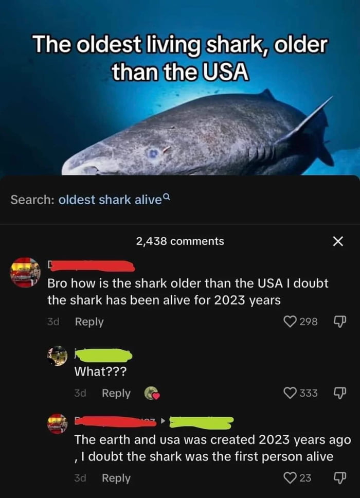 The oldest living shark older L ETUEUST Search oldest shark alive 2438 comments X e 7V Bro how is the shark older than the USA doubt the shark has been alive for 2023 years Reply Qs P i What Reply Q333 P g s The earth and usa was created 2023 years ago 1 doubt the shark was the first person alive Reply Qs