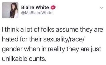 Ithink a lot of folks assume they are hated for their sexualityrace gender when in reality they are just unlikable cunts
