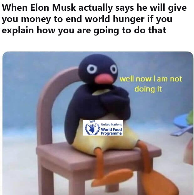 When Elon Musk actually says he will give you money to end world hunger if you explain how you are going to do that well now am not doing it