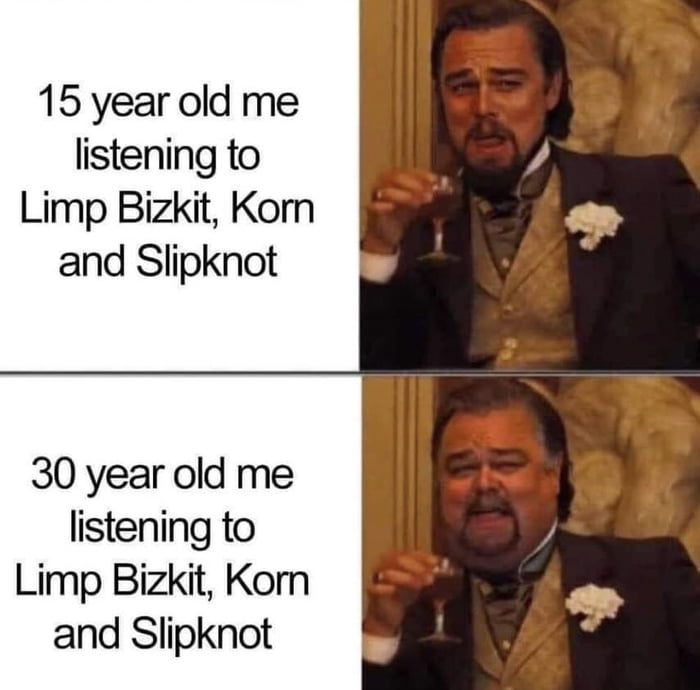 15 year old me listening to Limp Bizkit Korn and Slipknot 30 year old me listening to Limp Bizkit Korn and Slipknot