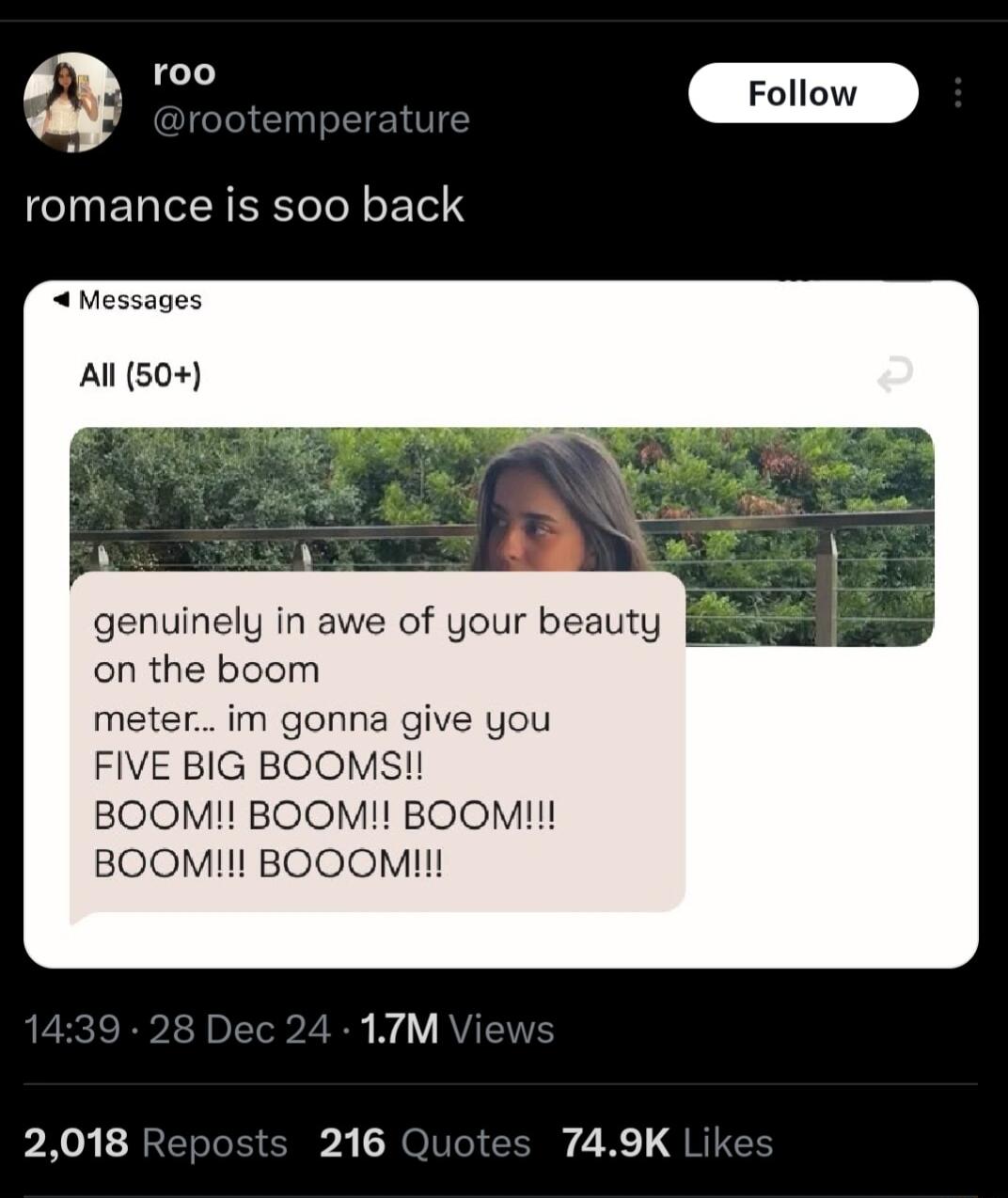 o0 oo J CINERIIERTY LT Messages Al 50 genuinely in awe of your beauty on the boom m im gonna give you FIVE BIG BOOMSI BOOM BOOM BOOM BOOMl BOOOM 17 2018 pali 749K