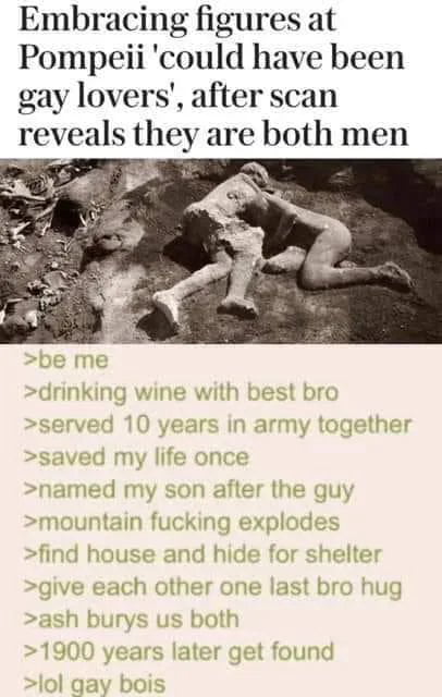 Embracing figures at Pompeii 'could have been gay lovers', after scan reveals they are both men

>be me
>drinking wine with best bro
>served 10 years in army together
>saved my life once
>named my son after the guy
>mountain fucking explodes
>find house and hide for shelter
>give each other one last bro hug
>ash burys us both
>1900 years later get 