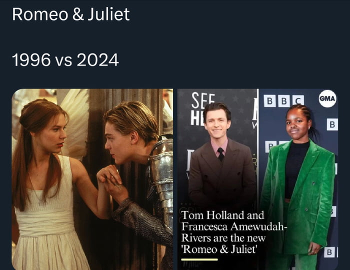 Romeo Juliet 1996 vs 2024 Tom Holland and Francesca Amewudah Rivers are the new Romeo Juliet