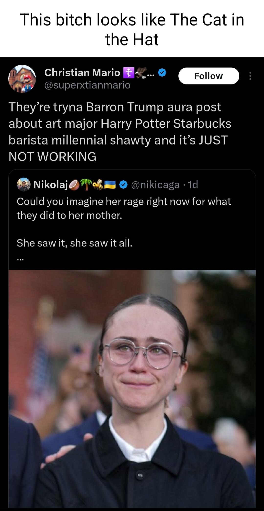 This bitch looks like The Cat in the Hat Theyre tryna Barron Trump aura post about art major Harry Potter Starbucks barista millennial shawty and its JUST eamilelaie B Christian Mario B AT uperxtianmario Nikolaj7eh nikicaga 1c Could you imagine her rage right now for what they did to her mother She saw it she sawitall