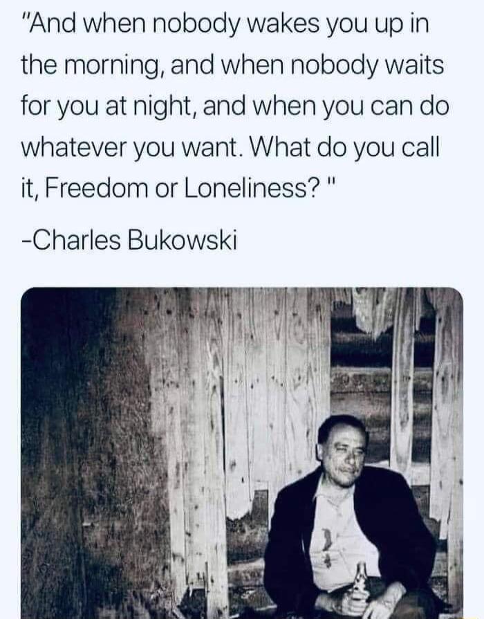 And when nobody wakes you up in the morning and when nobody waits for you at night and when you can do whatever you want What do you call it Freedom or Loneliness Charles Bukowski