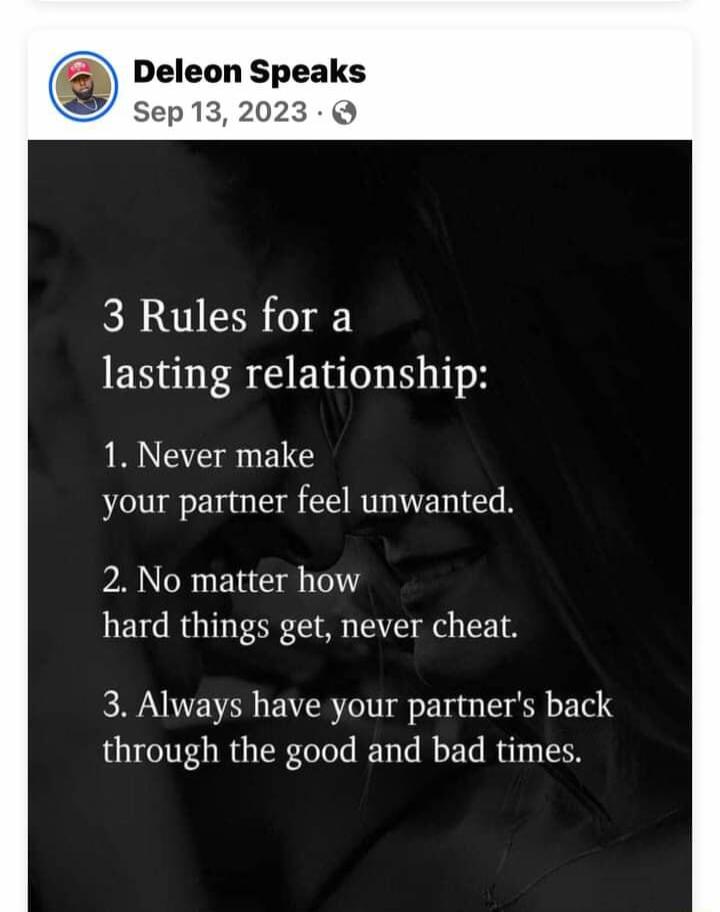 Deleon Speaks Sep132023 Q 3 Rules for a lasting relationship 1 Never make your partner feel unwanted PANELEE R hard things get never cheat 3 Always have your partners back through the good and bad times