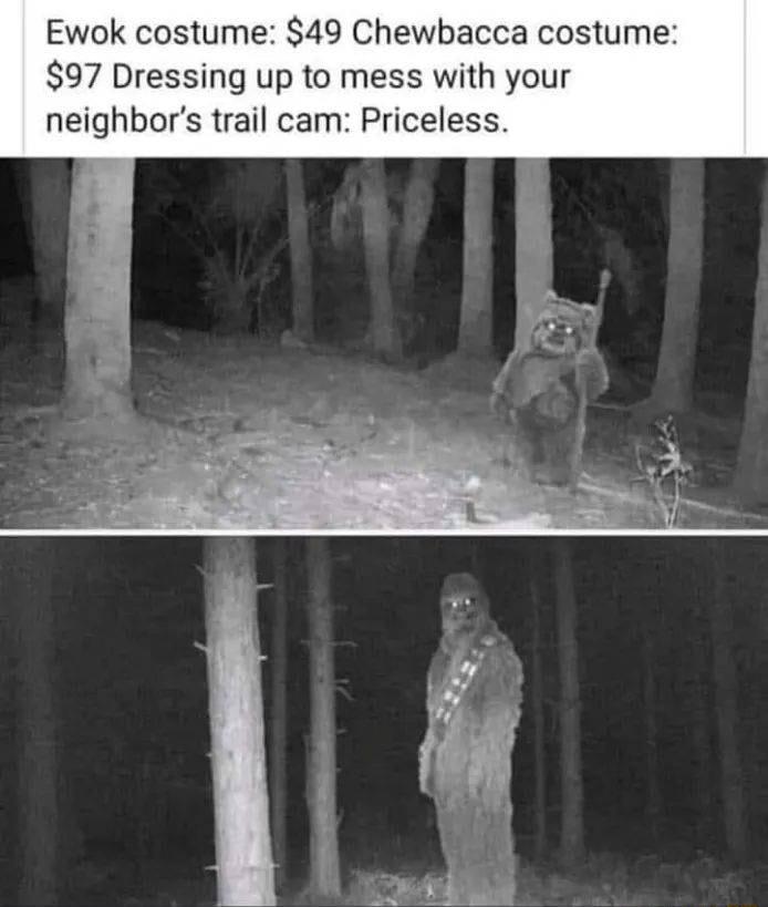 Ewok costume 49 Chewbacca costume 97 Dressing up to mess with your neighbors trail cam Priceless