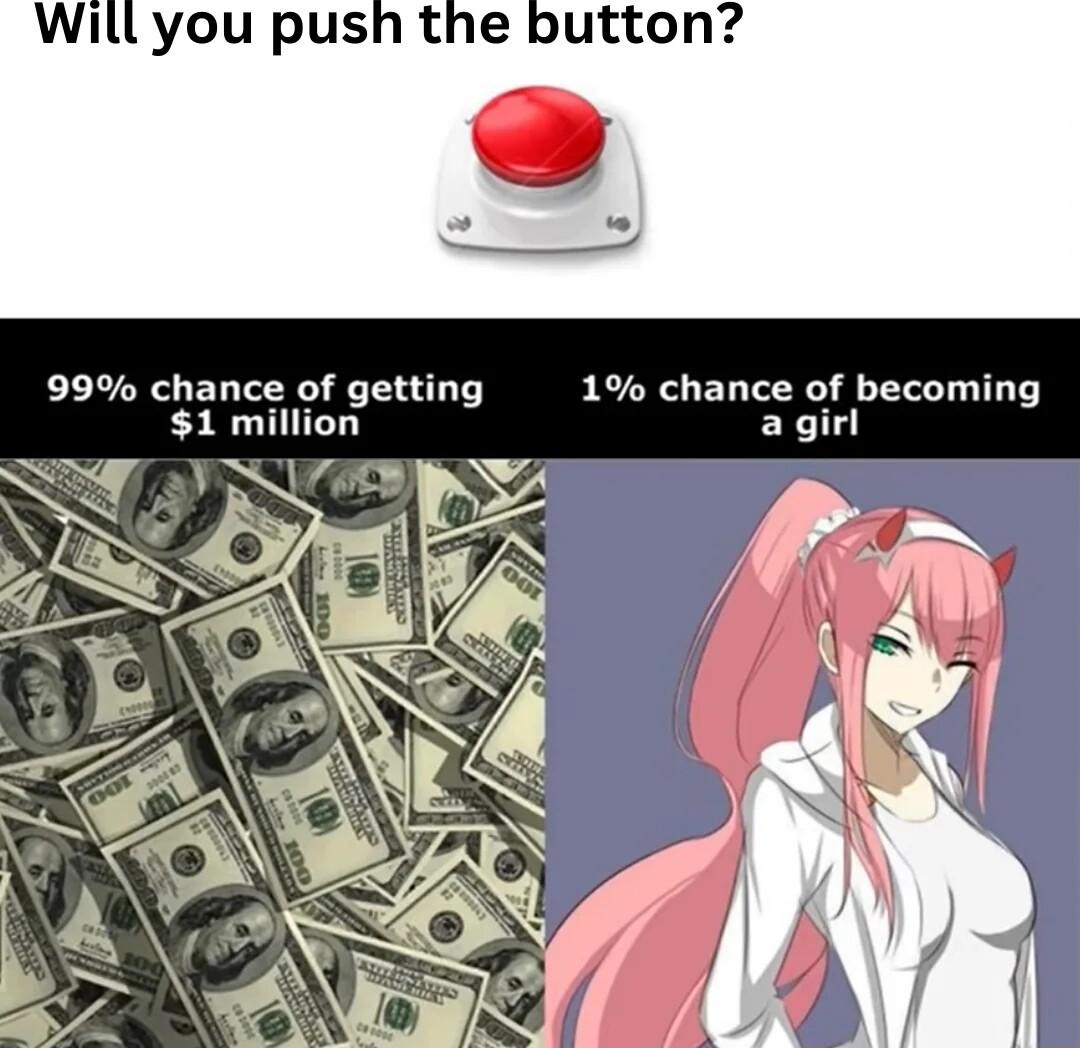 Will you push the button 99 chance of getting 1 chance of becoming 1 million a girl