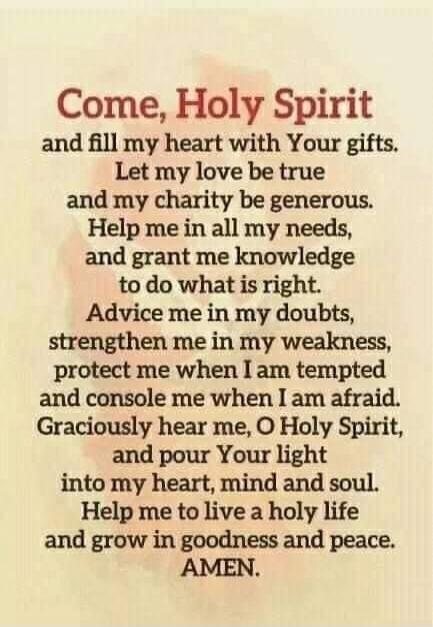 Come, Holy Spirit and fill my heart with Your gifts. Let my love be true and my charity be generous. Help me in all my needs, and grant me knowledge to do what is right. Advice me in my doubts, strengthen me in my weakness, protect me when I am tempted and console me when I am afraid. Graciously hear me, O Holy Spirit, and pour Your light into my h