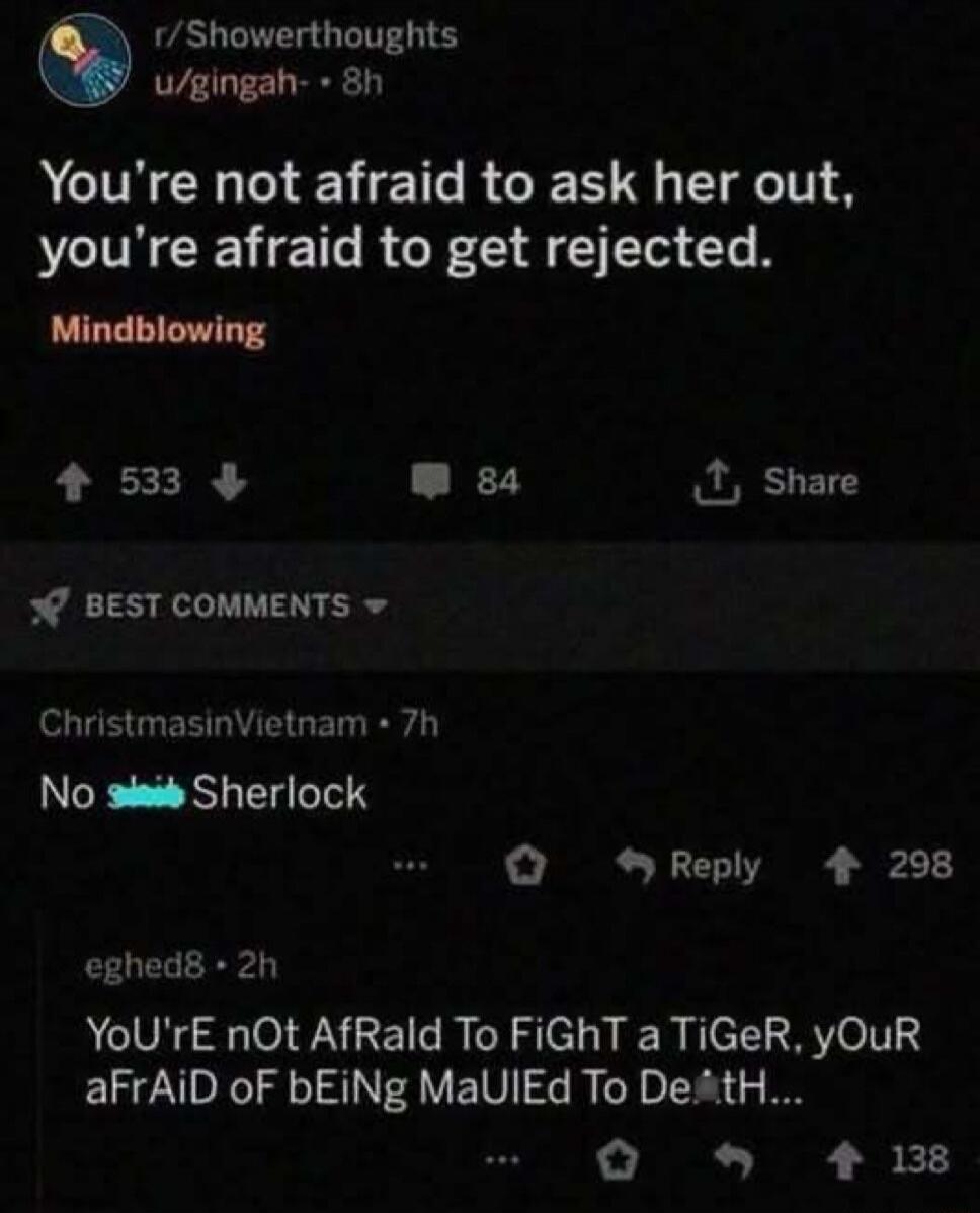 You're not afraid to ask her out, you're afraid to get rejected. Mindblowing. No shit Sherlock. You're not afraid to fight a tiger, you're afraid of being mauled to death.
