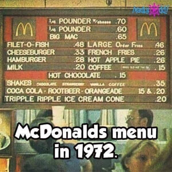 FILET O FISH A48 LARGE 01 Frwes CHEESEBURGER 33 FRENCH FRIES HAMBURGER 28 HOT APPLE FE MILK 20 COFFEE i HOT CHOCOLATE 15 SHAKES sooxar smamomr wewis corrcr COCA COLA ROOTBEER ORANGEADE B5 TRIPPLE RIPPLE ICE CREAM CONE 20 v il Y uc Ids megl f SUNEZEL