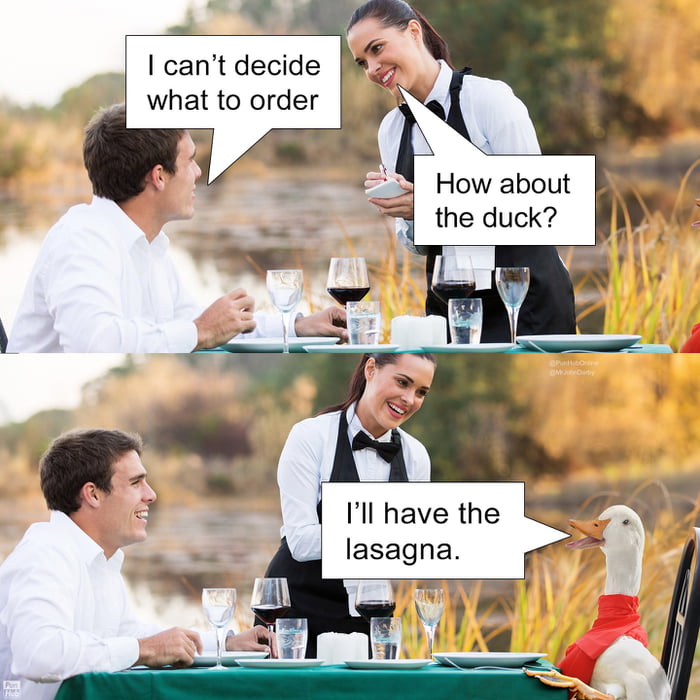 Top panel: I can’t decide what to order
How about the duck?
Bottom panel: I’ll have the lasagna.