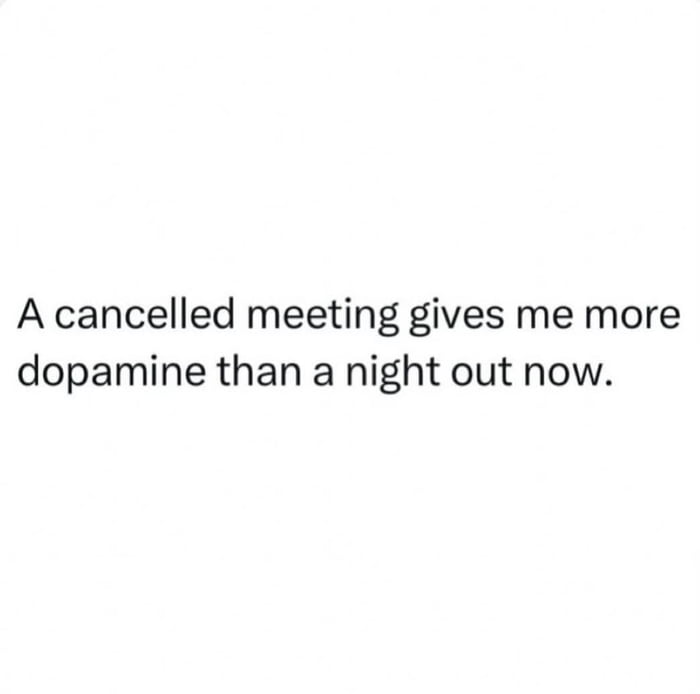 A cancelled meeting gives me more dopamine than a night out now.
